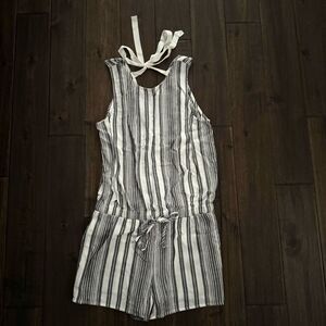 Black and White Striped Shorts Romper with Ribbon Tie Neck S